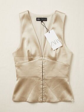 NWT Zara Champagne Satin V Neck Corset Top Peplum Hem Size S